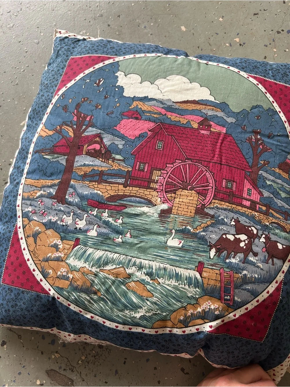 VINTAGE Farmhouse Barn Scene Decorative Pillow - Red & Blue
